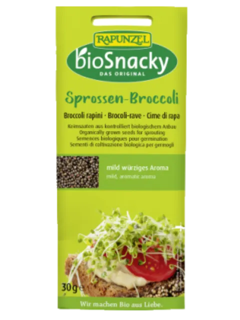Rapunzel bioSnacky Sprossen-Broccoli seeds, 30g pack, mild aromatic aroma, sprouting on bread.