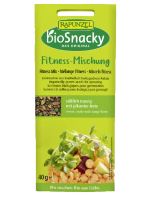 Rapunzel bioSnacky Fitness Mix, 40g, sweet and nutty with tangy flavour, green packaging.