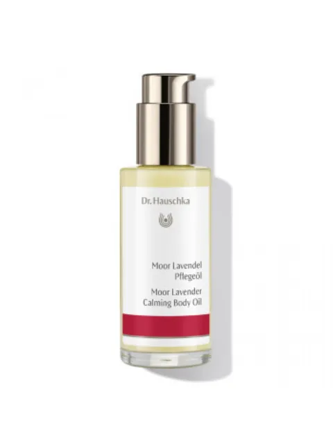 Dr. Hauschka Moor Lavender Calming Body Oil in a pump bottle.