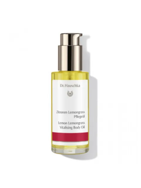Dr. Hauschka Lemon Lemongrass Vitalising Body Oil in a pump bottle.
