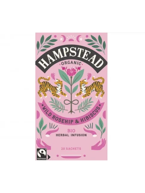 Hampstead Organic Wild Rosehip & Hibiscus tea, 20 sachets, Fairtrade logo, pink packaging with tigers.