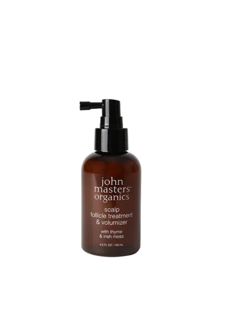 Brown bottle of John Masters Organics scalp treatment, 125 ml, with pump dispenser.