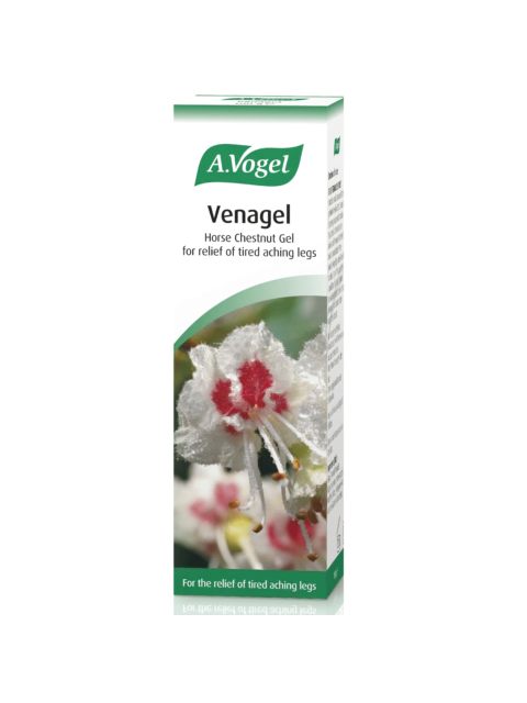 Venagel horse chestnut gel box with red flower image. Text: "For the relief of tired aching legs".
