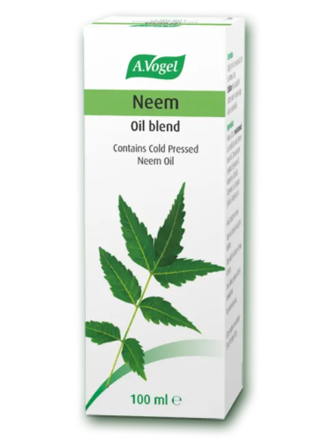 A.Vogel Neem Oil blend box, 100 ml, with neem leaf illustration. Contains cold pressed neem oil.