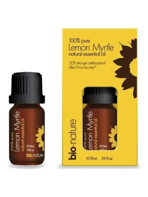 Lemon Myrtle essential oil bottle and box, 10ml, bio-nature brand, yellow packaging.