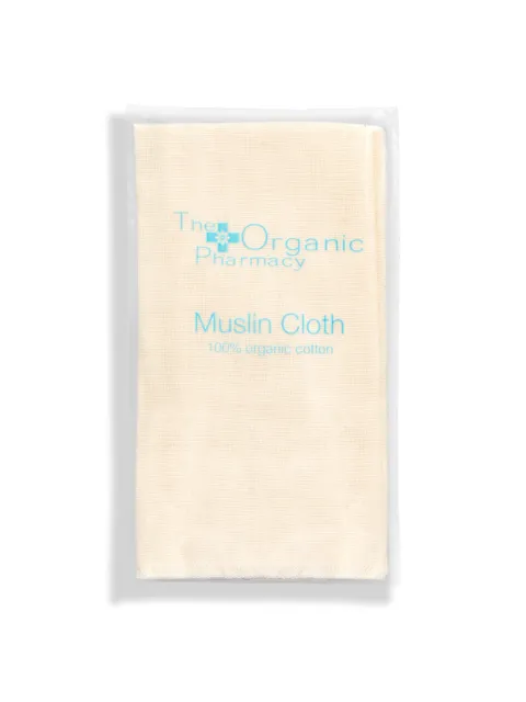 Beige muslin cloth in packaging with "The Organic Pharmacy" text. 100% organic cotton.