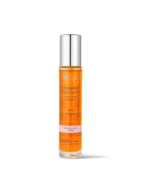 Orange bottle of antioxidant face serum with silver cap, labelled for all skin types.