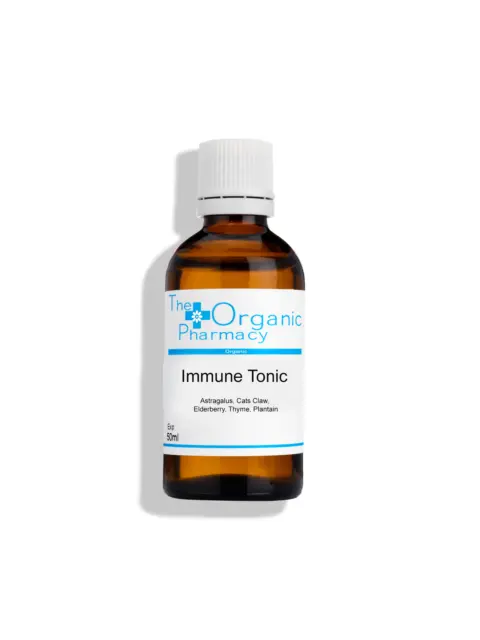 Brown bottle labelled "The Organic Pharmacy Immune Tonic", 50ml. Contains herbs.