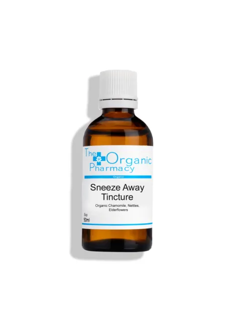 Brown bottle of Sneeze Away Tincture, 50ml, with chamomile, nettles, elderflowers.