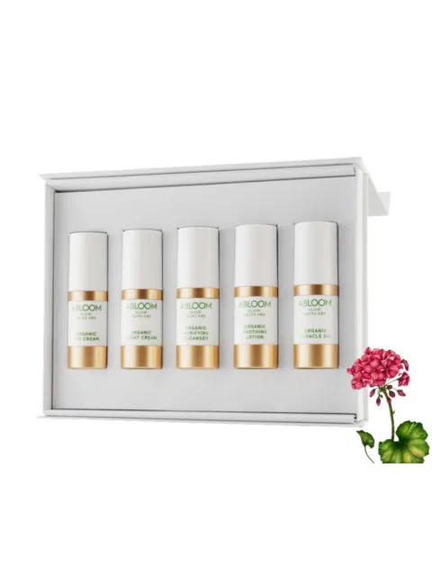 Five Abloom skincare bottles in a white box, with a pink flower on the side.