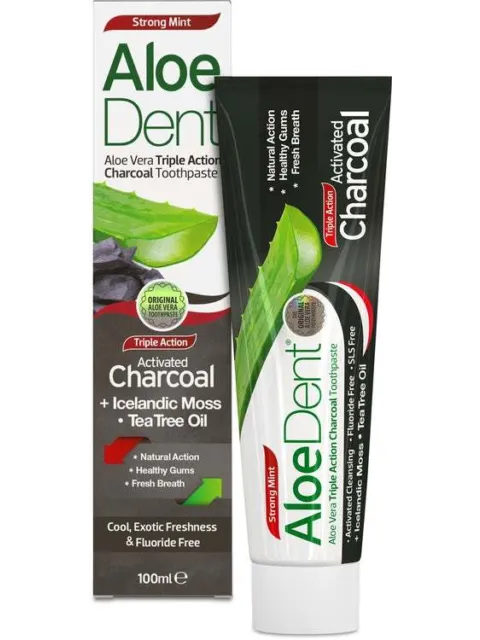 Aloe Dent Charcoal Toothpaste, strong mint, 100ml, with Icelandic moss and tea tree oil.