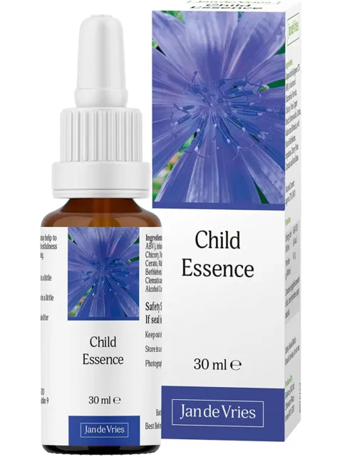 Brown dropper bottle and box labelled "Child Essence" with a blue flower image. 30 ml.