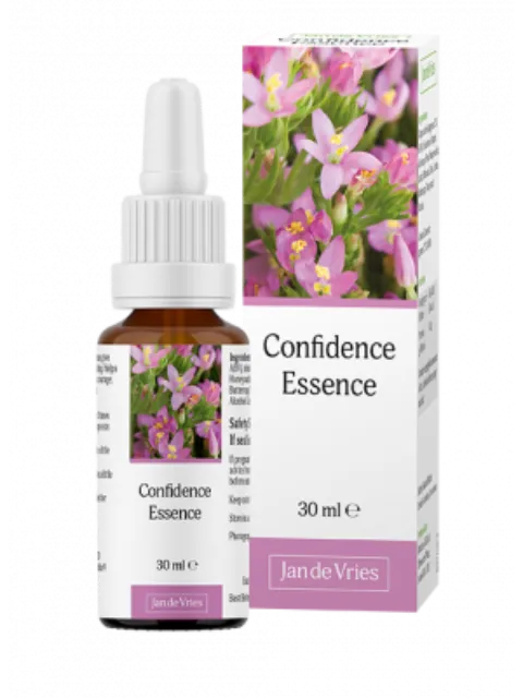Bottle and box of Confidence Essence, 30 ml, with pink flowers on label.