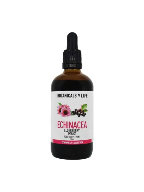 Brown bottle with dropper, labelled "Botanicals 4 Life Echinacea Elderberry Extract".