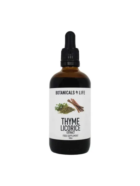 Brown bottle of Botanicals 4 Life Thyme Licorice Extract, 100ml, with dropper lid.