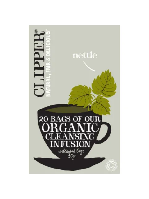 Clipper nettle tea box with 20 organic cleansing infusion bags, unbleached, 30g.