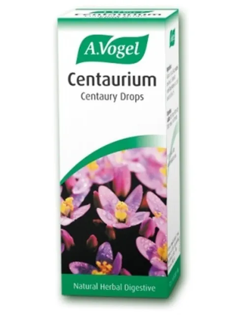 A.Vogel Centaurium Centaury Drops box with pink flowers and text "Natural Herbal Digestive".