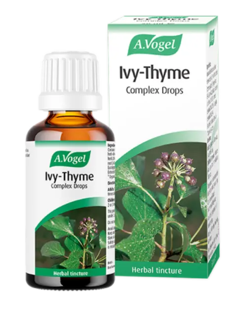 A.Vogel Ivy-Thyme Complex Drops bottle and box with herbal plant image.