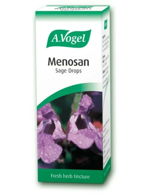 A.Vogel Menosan Sage Drops box with purple flowers and text "Fresh herb tincture".
