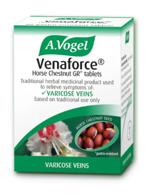 A.Vogel Venaforce tablets for varicose veins, featuring horse chestnut seed image on packaging.