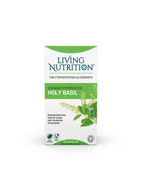 Living Nutrition Holy Basil capsules, organic, vegan, 60 count, kefir-kombucha fermented.