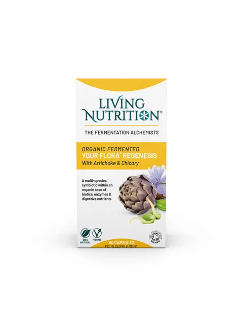 Living Nutrition Your Flora Regenesis capsules with artichoke and chicory, 60 vegan capsules.