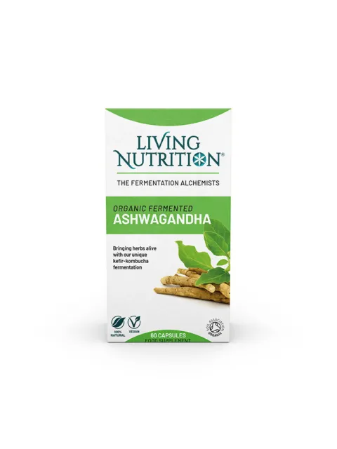 Living Nutrition Organic Fermented Ashwagandha, 60 capsules, vegan, 100% natural.