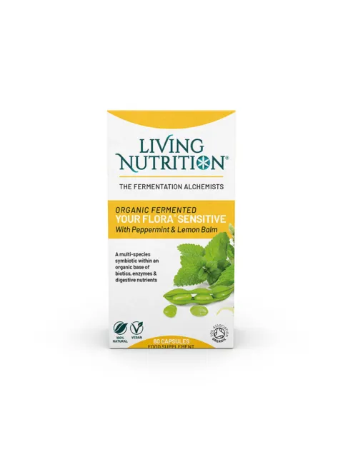 Living Nutrition Your Flora Sensitive capsules with peppermint and lemon balm, 60 count.