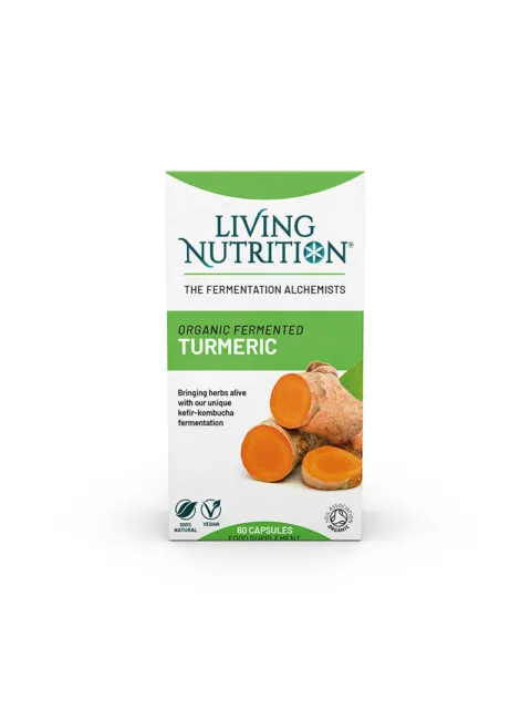 Living Nutrition Organic Fermented Turmeric capsules, 60 count, vegan and organic certified.