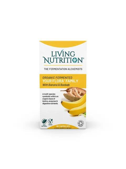 Living Nutrition Your Flora Family supplement with banana and baobab, 60 capsules, vegan.