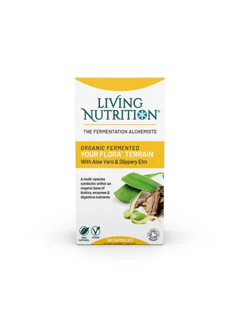 Living Nutrition Your Flora Terrain capsules with aloe vera and slippery elm, 60 count.