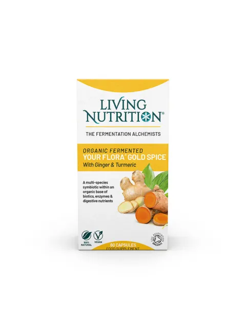 Living Nutrition Your Flora Gold Spice capsules with ginger and turmeric, 60 count.