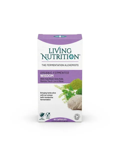 Living Nutrition Organic Fermented Wisdom capsules box with herbal ingredients.