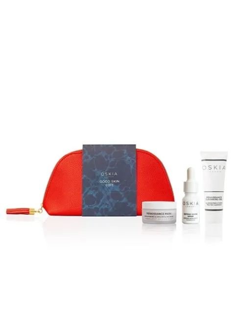 Red pouch with Oskia skincare products and "Good Skin Edit" card.