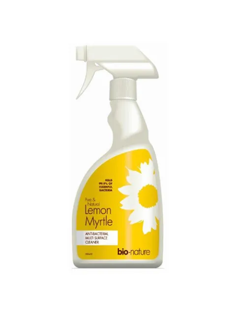 Spray bottle of bio-nature Lemon Myrtle antibacterial cleaner with yellow label and white flower.