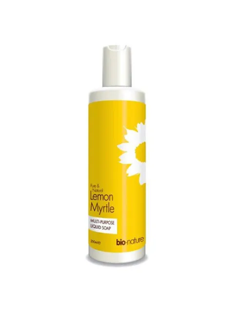 Yellow bottle of bio-nature Lemon Myrtle liquid soap, 250ml, with white flower design.