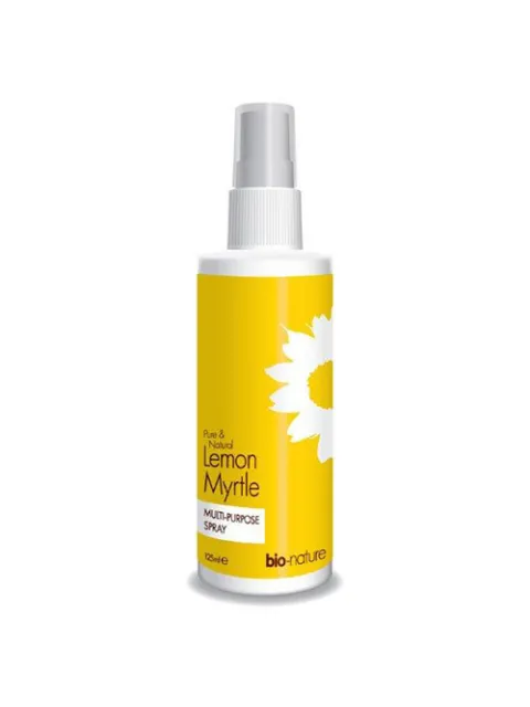 Lemon Myrtle multi-purpose spray, 125ml, yellow label with white flower design.