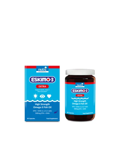 Eskimo-3 Extra Omega-3 Fish Oil, 50 capsules, supports brain, vision, heart function.
