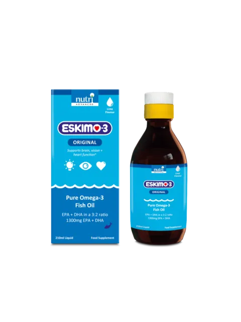 Eskimo-3 Original Pure Omega-3 Fish Oil, lime flavour, 210ml bottle and box.