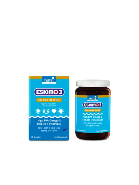 Eskimo-3 Balanced Mind capsules, high EPA Omega-3 fish oil and vitamin D, 50 capsules.
