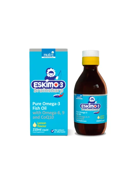 Eskimo-3 Brainsharp Omega-3 Fish Oil, lemon flavour, 210ml bottle and packaging.