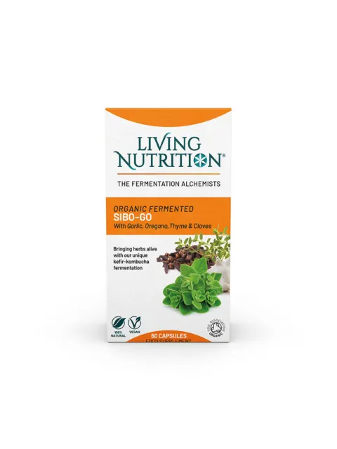 Living Nutrition SIBO-GO capsules with garlic, oregano, thyme, and cloves. 60 capsules.