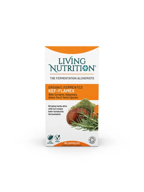 Living Nutrition Kef-Flamex supplement box with herbs and 60 capsules label.