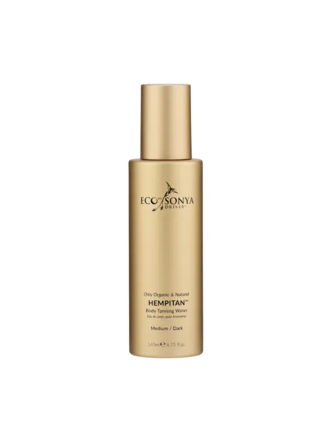 Gold bottle of Eco by Sonya Hempitan Body Tanning Water, 140ml, for medium to dark skin.