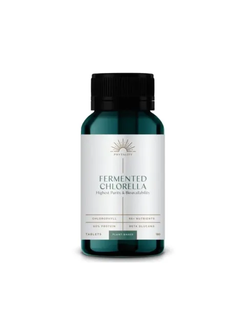 Fermented Chlorella supplement bottle, 180 tablets, plant-based.