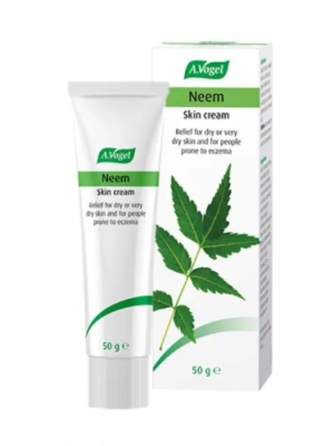 Neem skin cream tube and box, 50g, with neem leaf image.