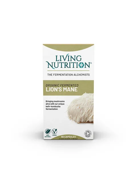 Living Nutrition Lion's Mane supplement box, 60 capsules, organic and vegan.