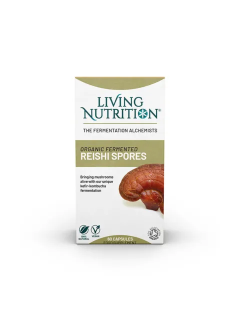 Living Nutrition Reishi Spores, 60 capsules, organic, vegan, 100% natural, kefir-kombucha fermented.