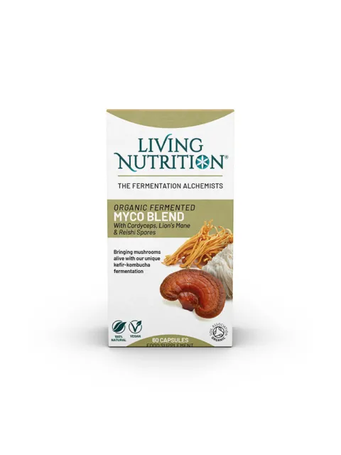Living Nutrition Myco Blend box with Cordyceps, Lion's Mane, Reishi images. 60 capsules.