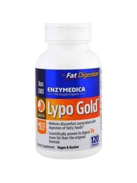 Lypo Gold enzyme supplement bottle, 120 capsules, for fat digestion, vegan and kosher.
